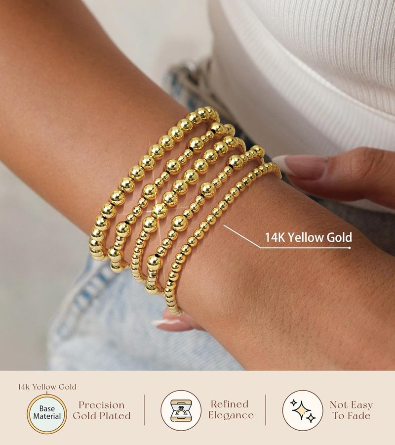 adoyi Gold Bracelets for Women Beaded Bracelet 14K Gold Plated Bracelet Stack Strand Stretch Bead Ball Bracelet Set Stackable Bracelet Adjustable Bracelet Set Jewelry for Gifts - Image 5